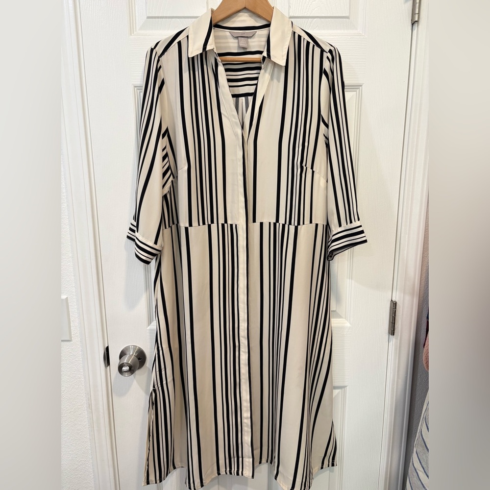 H&M Black & Cream Vertical-Stripe Midi Shirt Dress